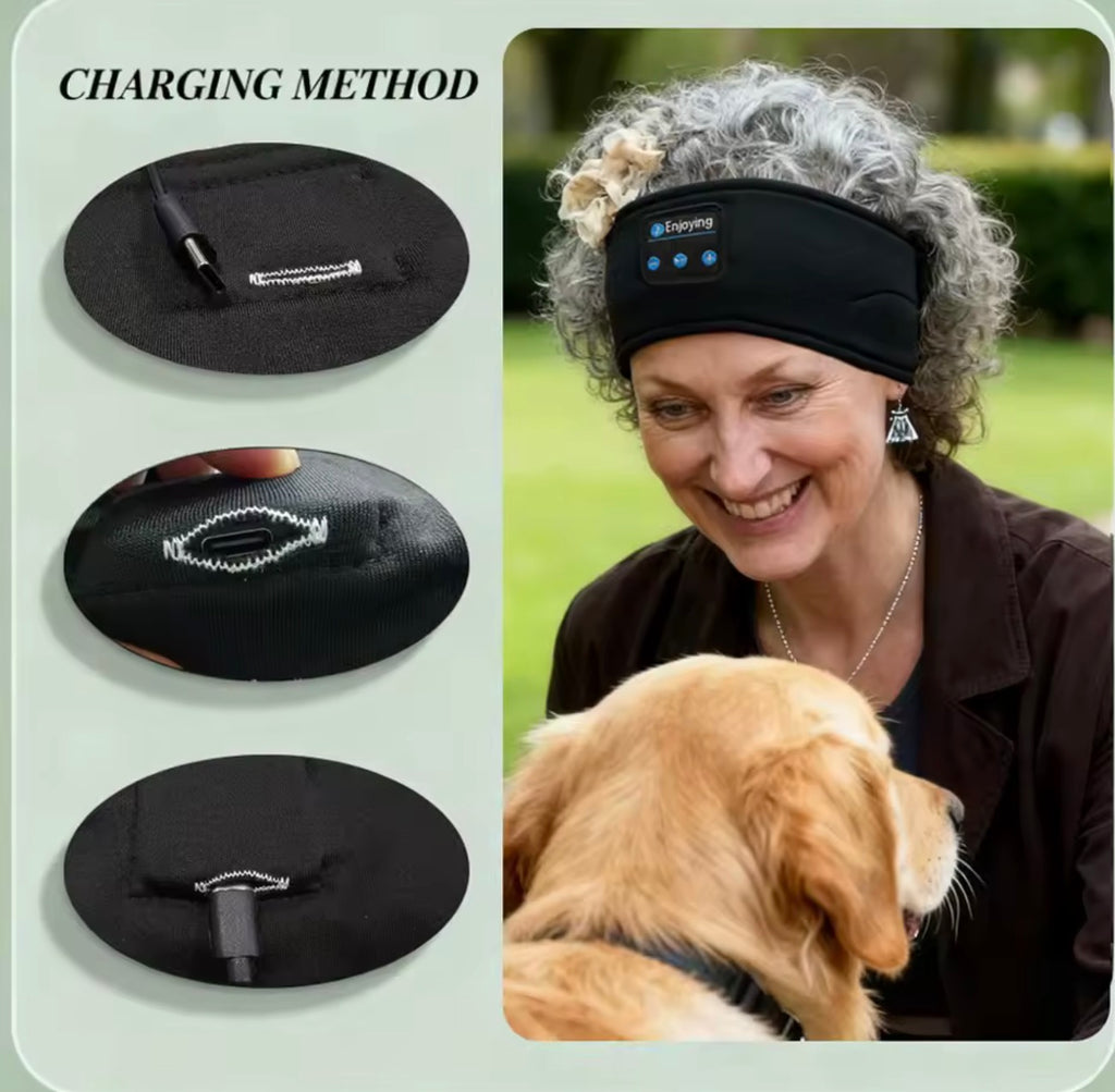 Enjoying Headband Bluetooth headphone.